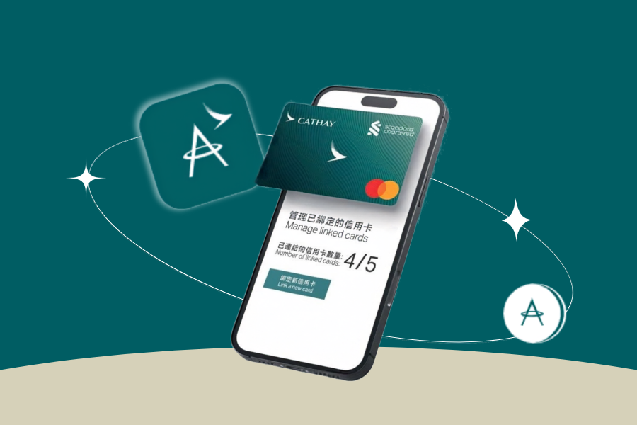 A Standard Chartered Cathay Mastercard popping out from a mobile screen displaying a Cathay page for linking credit card.